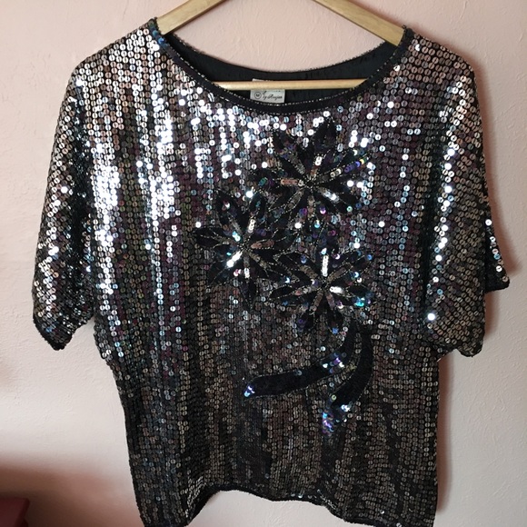 Vintage 1970 Silk Black Silver Sequined Batwing Short Sleeve Floral Disco Blouse - Picture 16 of 16